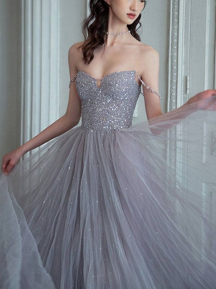 Unique sweetheart sequin tulle long prom dress tulle evening dress - RongMoon