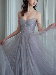 Unique sweetheart sequin tulle long prom dress tulle evening dress - RongMoon