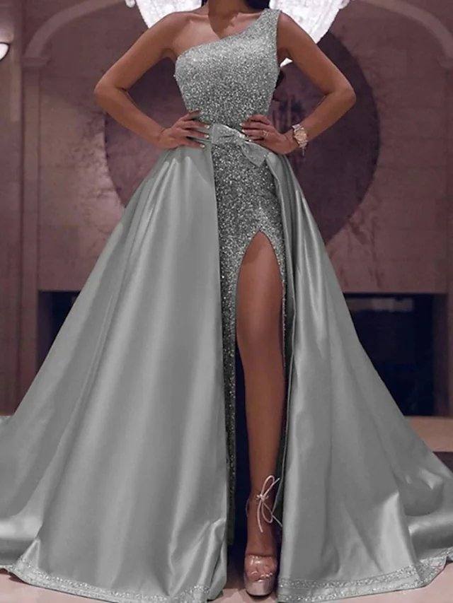 Ball Gown Sparkle Prom Dress One Shoulder Sleeveless Floor Length Satin with Bow(s) Sequin Split - RongMoon