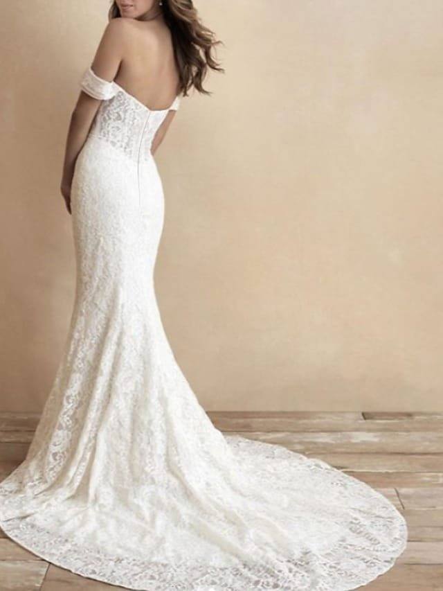 Mermaid / Trumpet Wedding Dresses Off Shoulder Sweep / Brush Train Lace Short Sleeve Romantic Plus Size - RongMoon