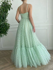 Green A line tulle long prom dress, green tulle evening dress - RongMoon