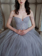 Unique sweetheart sequin tulle long prom dress tulle evening dress - RongMoon