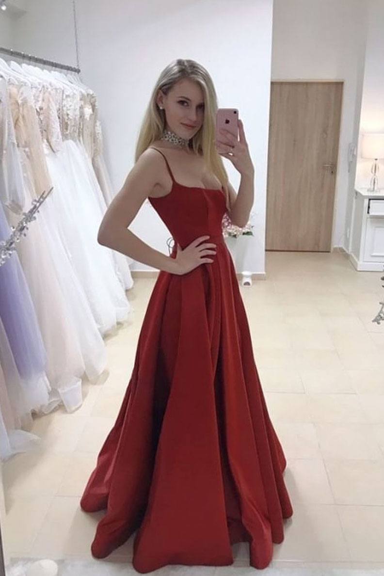 Simple red satin long prom dress satin long evening dress - RongMoon