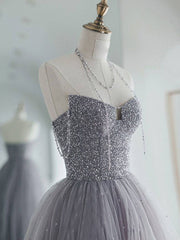 Unique sweetheart sequin tulle long prom dress tulle evening dress - RongMoon