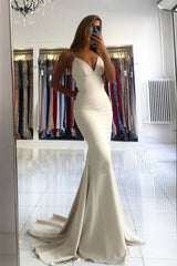 Simple v neck Ivory satin mermaid long prom dress - RongMoon