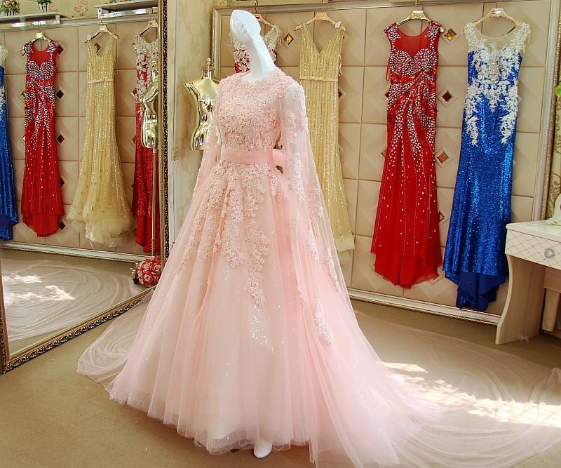Pink Lace Long Sleeves Prom Dresses 2017