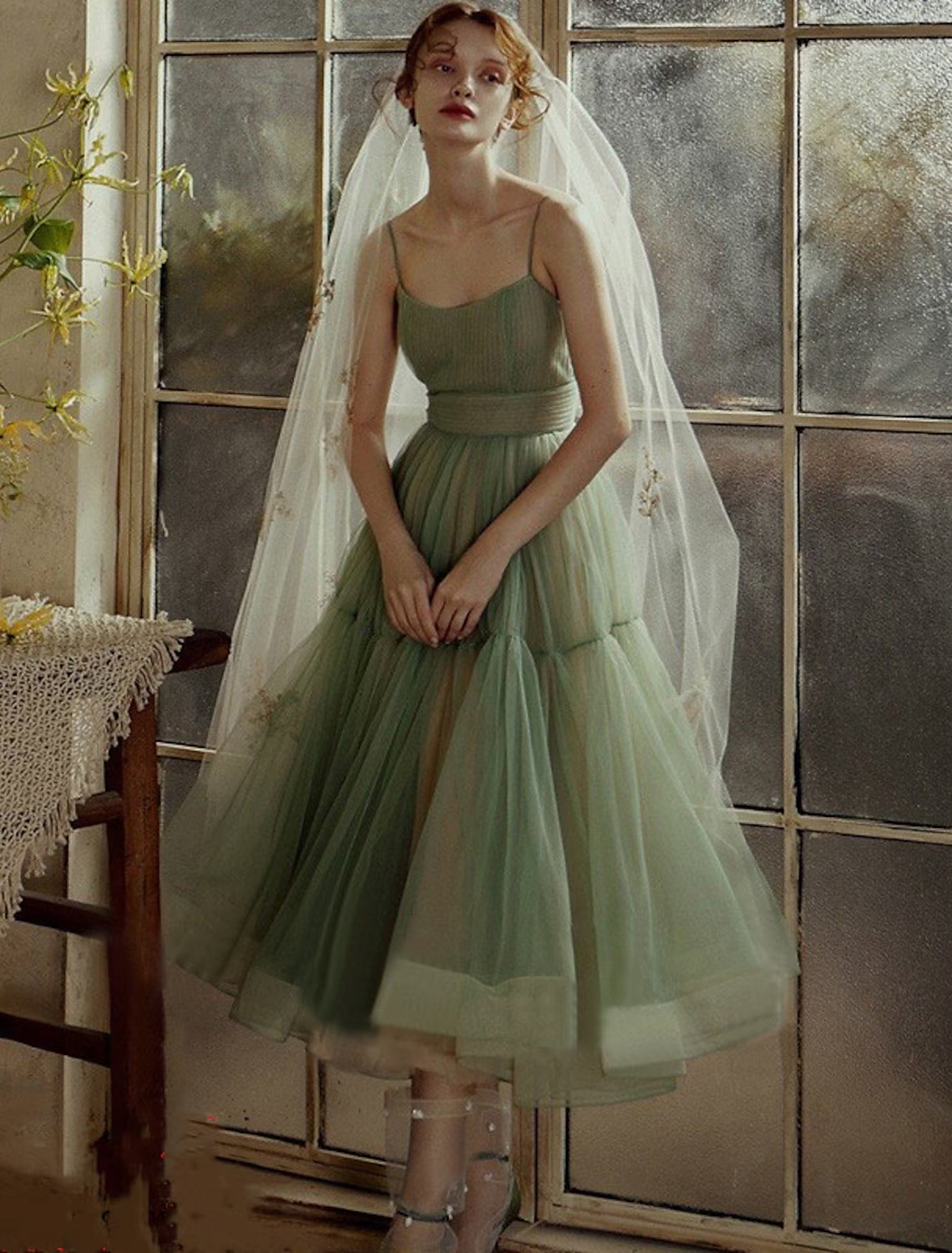 A-Line Prom Dresses Minimalist Dress Wedding Guest Tea Length Sleeveless Spaghetti Strap Tulle with Sash / Ribbon Pleats