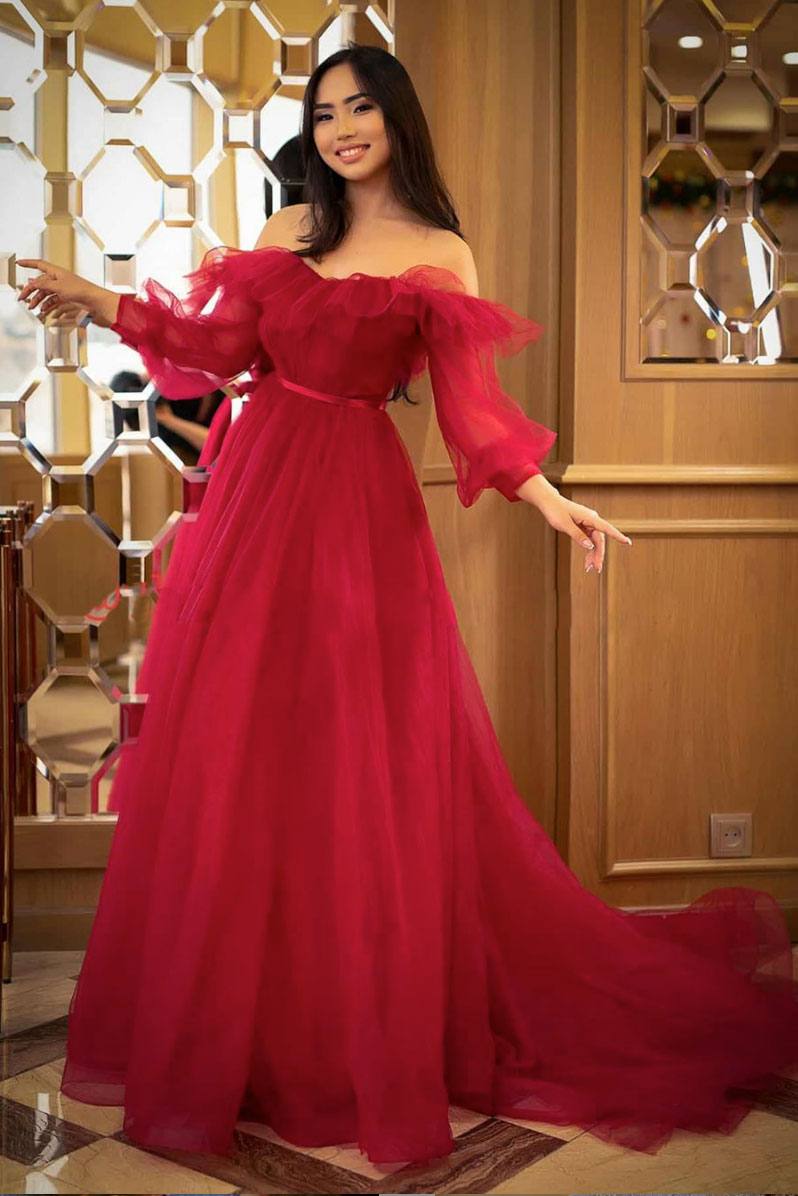 Red tulle long prom dress red tulle formal dress - RongMoon
