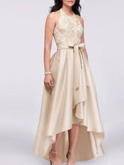 A-Line Mother of the Bride Dress Elegant Halter Neck Asymmetrical Satin Sleeveless with Bow(s) - RongMoon