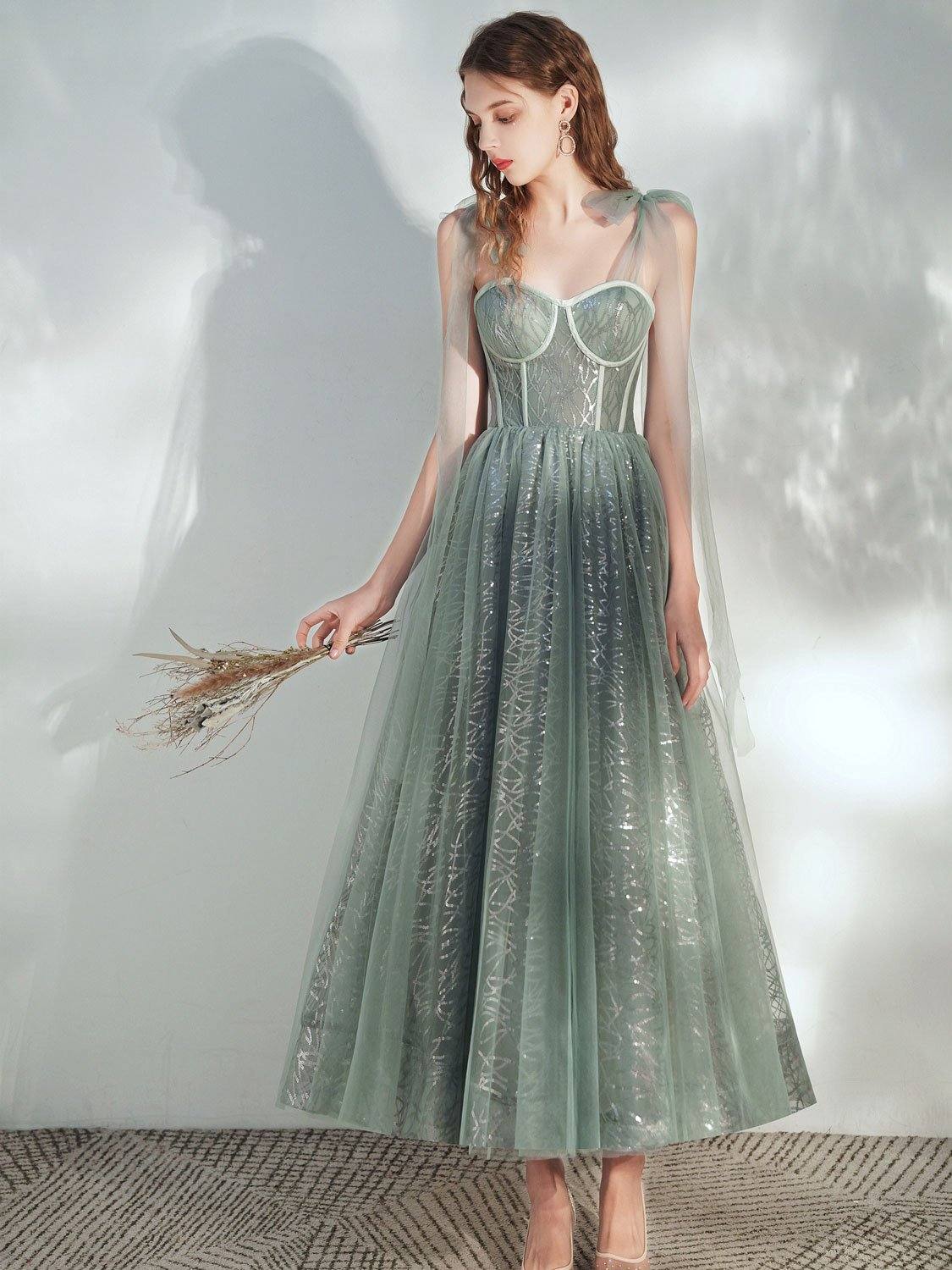 Green sweetheart neck tulle tea length prom dress, green evening dress - RongMoon