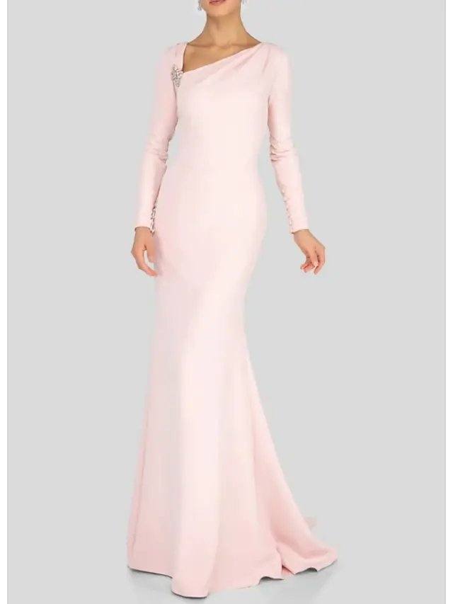 Sheath / Column Mother of the Bride Dress Elegant V Neck Floor Length Polyester Long Sleeve with Beading Ruching - RongMoon