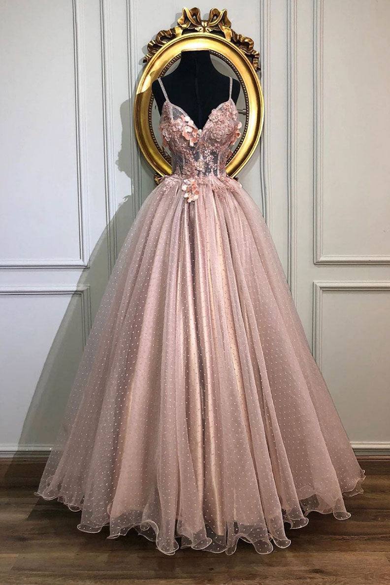 Pink sweetheart tulle lace long prom dress pink tulle formal dress - RongMoon