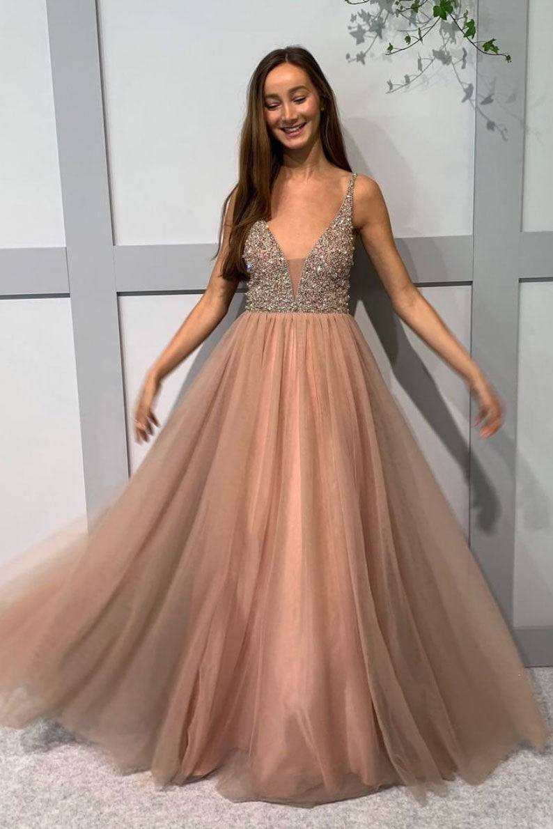 Champagne v neck tulle beads long prom dress champagne evening dress - RongMoon