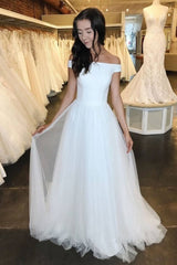 Simple white off shoulder long prom dress white tulle formal dress - RongMoon