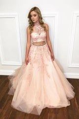Pink tulle lace two pieces long prom dress, pink tulle evening dress - RongMoon