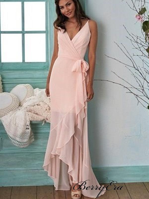Spaghetti Straps Unique Bridesmaid Dresses, Pink Chiffon Slit Bridesmaid Dresses - RongMoon