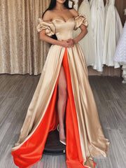 Unique champagne sweetheart satin long prom dress, champagne evening dress - RongMoon