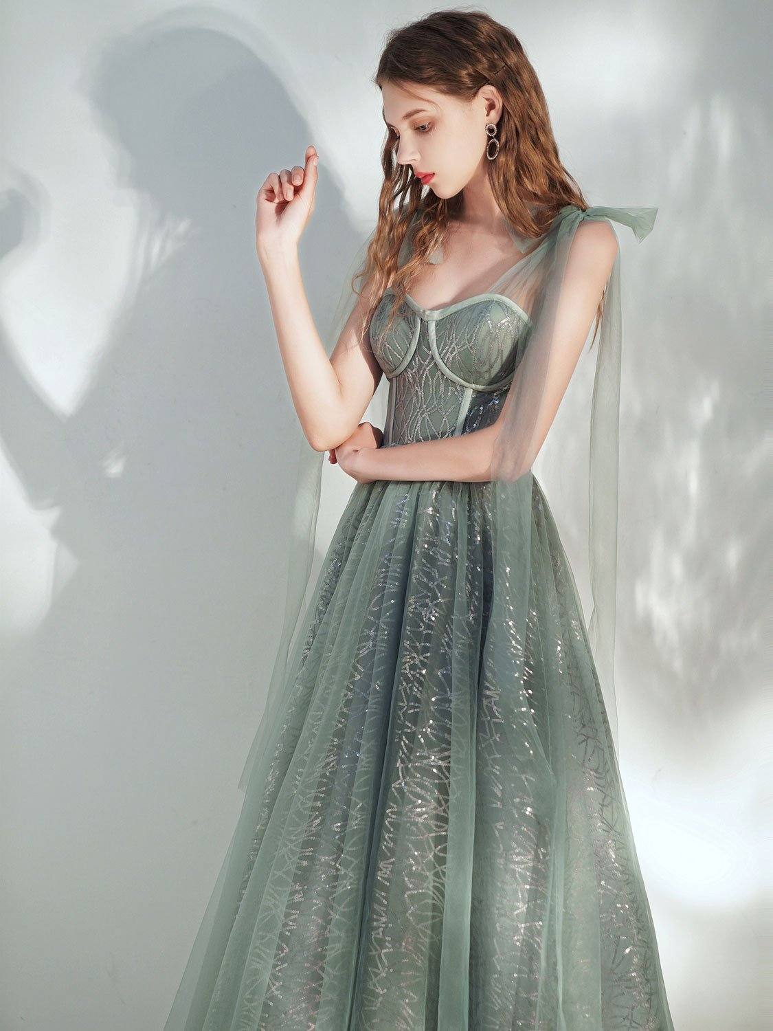 Green sweetheart neck tulle tea length prom dress, green evening dress - RongMoon