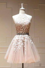 Champagne tulle lace short prom dress champagne homecoming dress - RongMoon