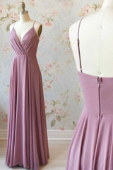 Simple pink chiffon long prom dress, pink evening dress - RongMoon