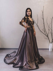 Black round neck tulle lace long prom dress black evening dress - RongMoon