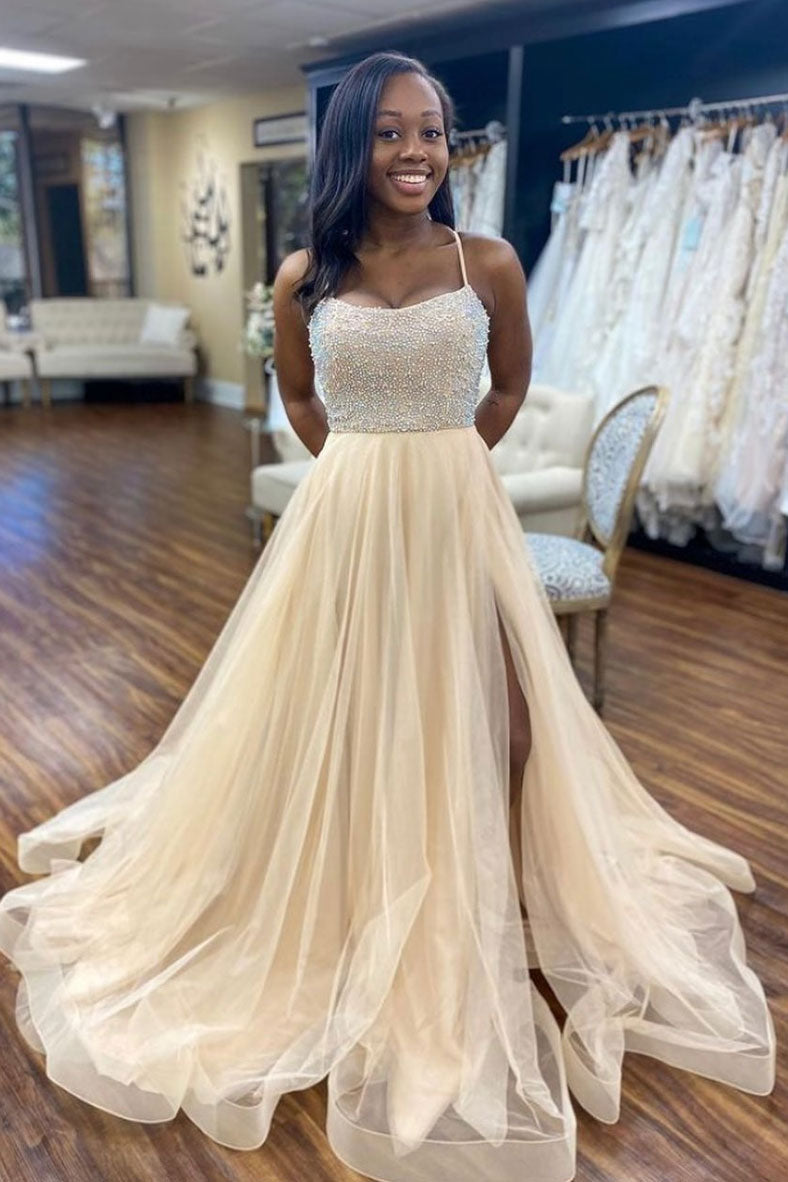 Champagne tulle beads sequin long prom dress tulle formal dress