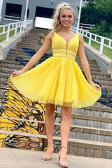 Yellow tulle lace short prom dress yellow homecoming dress - RongMoon