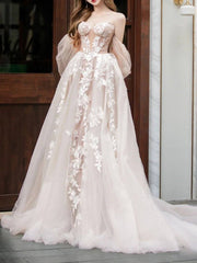 Light champagne tulle lace long prom dress, lace evening dress - RongMoon
