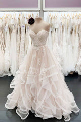 Light champagne tulle lace long prom dress champagne evening dress - RongMoon