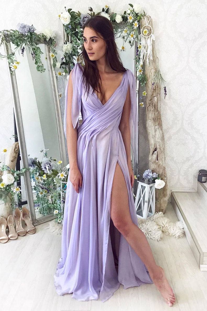Simple purple chiffon long prom dress purple formal dress - RongMoon