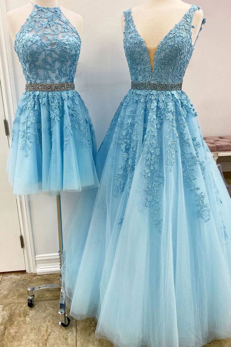 Blue tulle lace A_line prom dress blue lace tulle formal dress - RongMoon