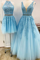 Blue tulle lace A_line prom dress blue lace tulle formal dress - RongMoon