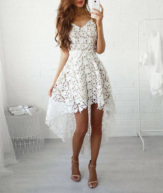 white A-line lace high low prom dress, lace homecoming dress - RongMoon