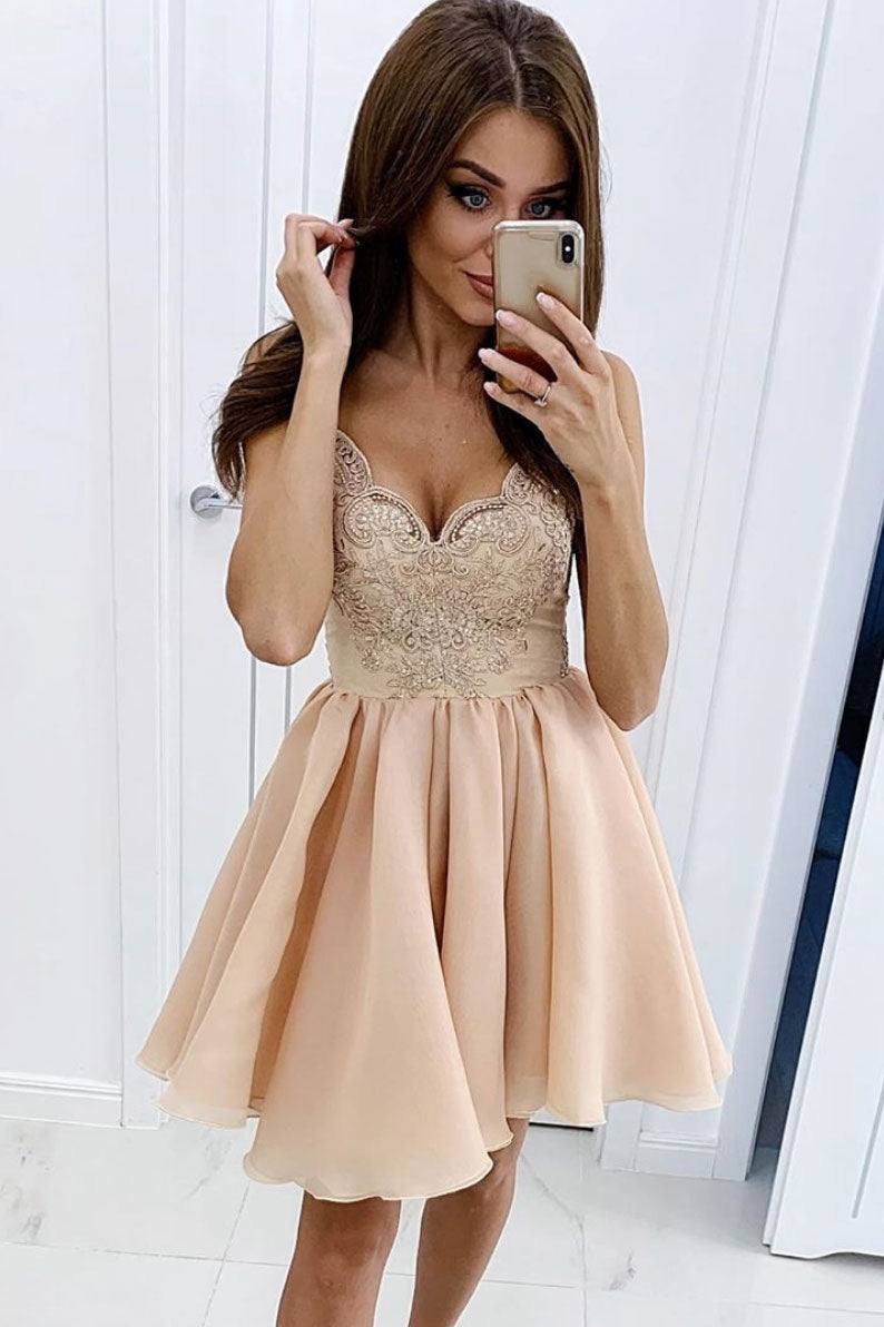 Cute champagne lace short prom dress, homecoming dress - RongMoon