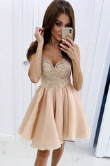 Cute champagne lace short prom dress, homecoming dress - RongMoon