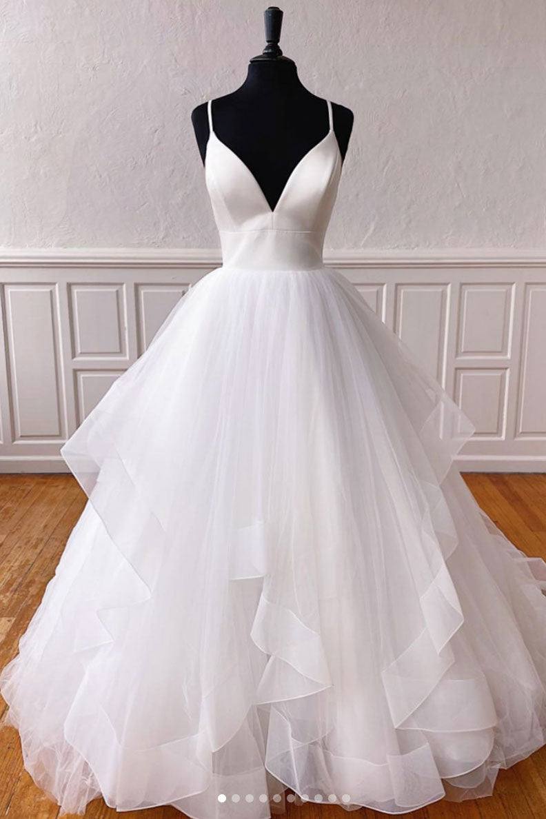 White v neck tulle long prom dress white tulle evening dress - RongMoon