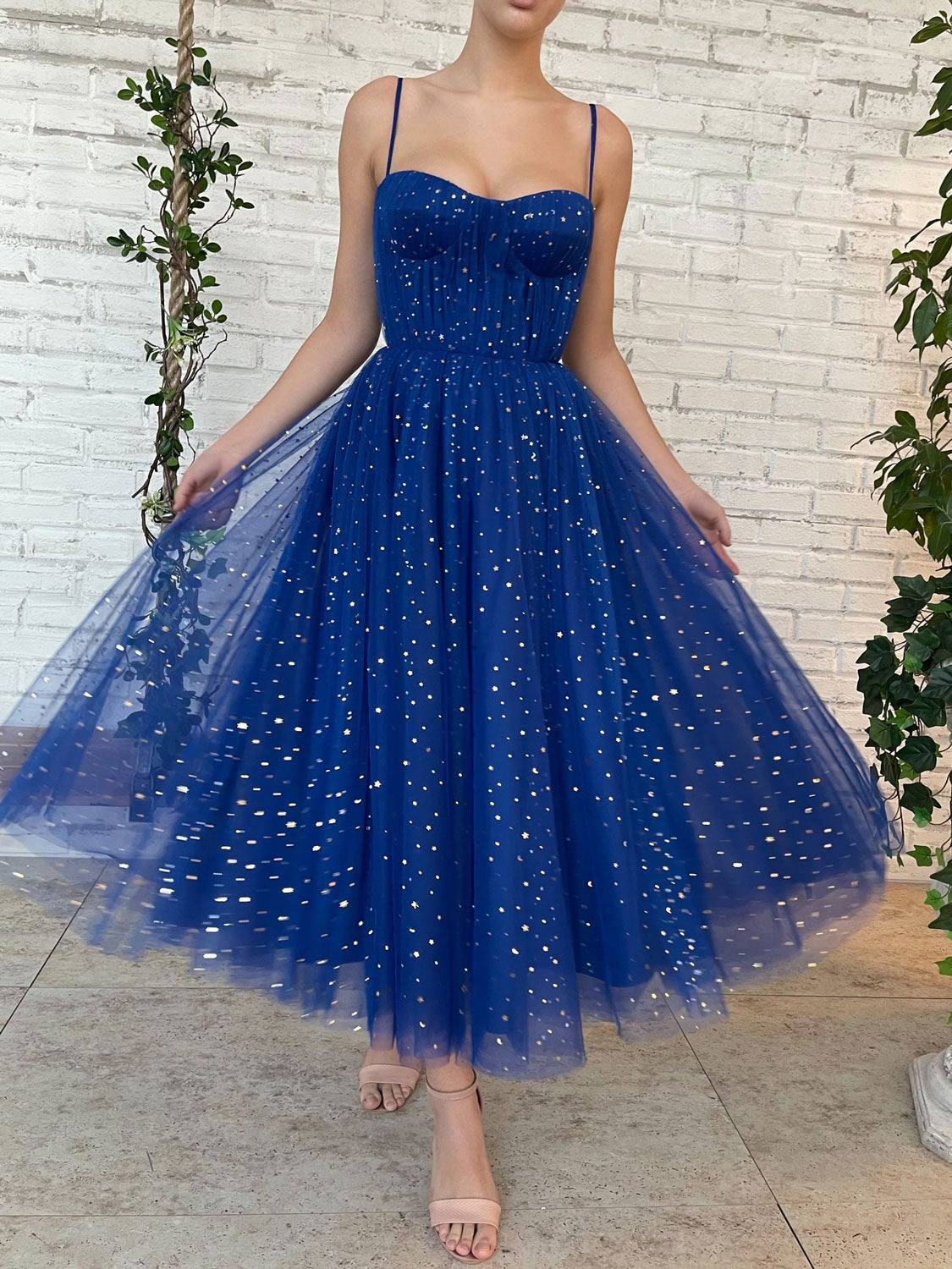 Blue tulle tea length prom dress, blue tulle bridesmaid dress - RongMoon