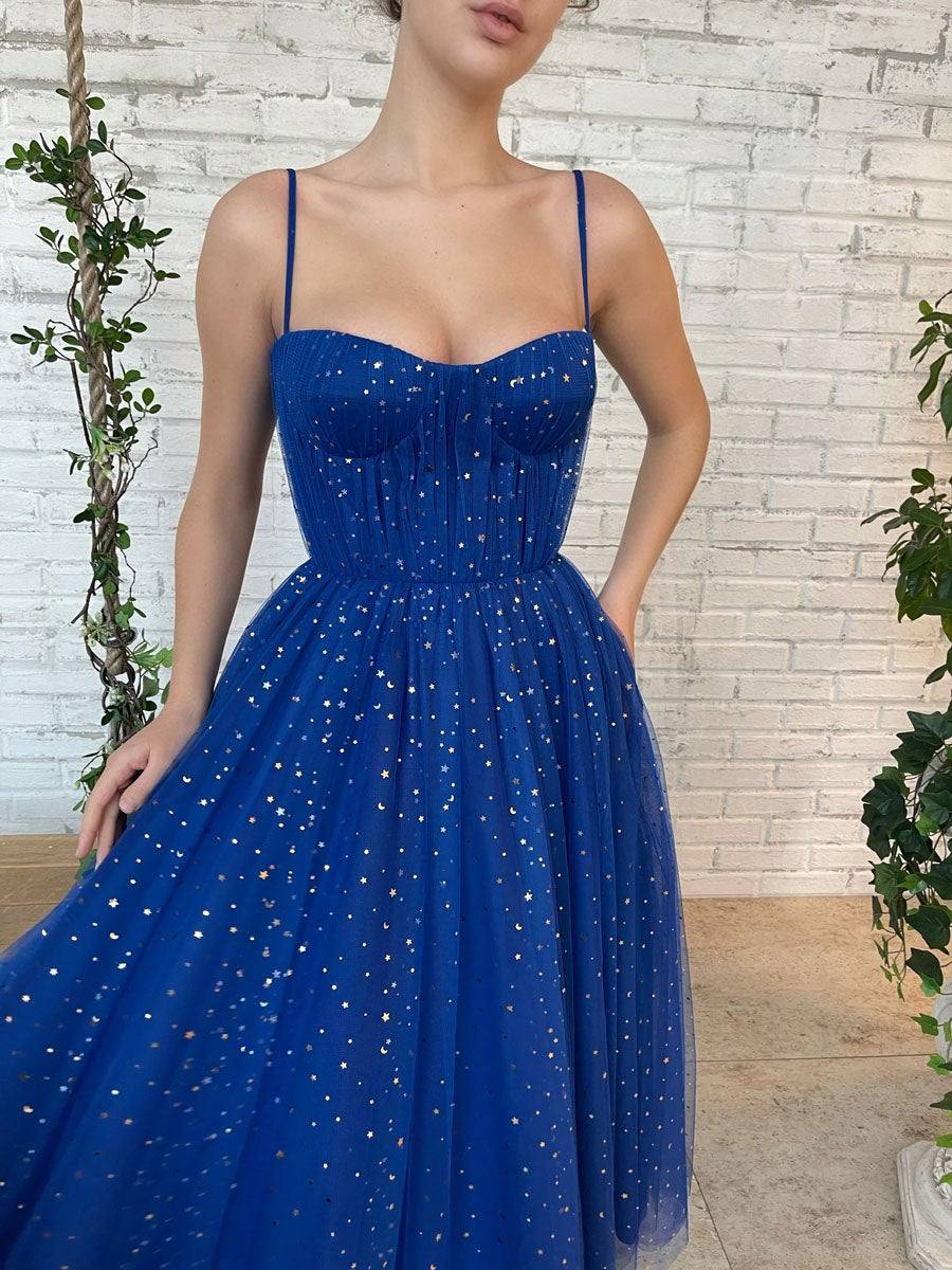 Blue tulle tea length prom dress, blue tulle bridesmaid dress - RongMoon
