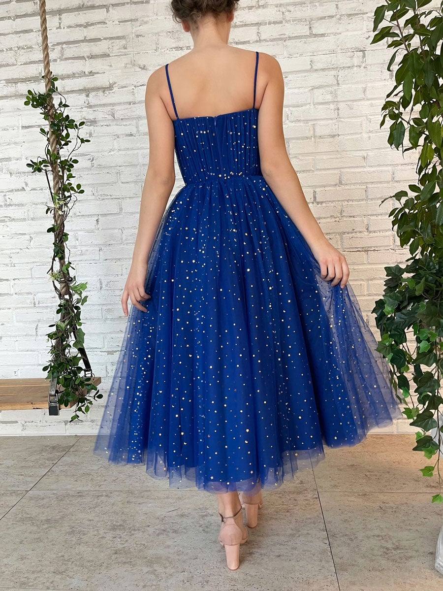 Blue tulle tea length prom dress, blue tulle bridesmaid dress - RongMoon