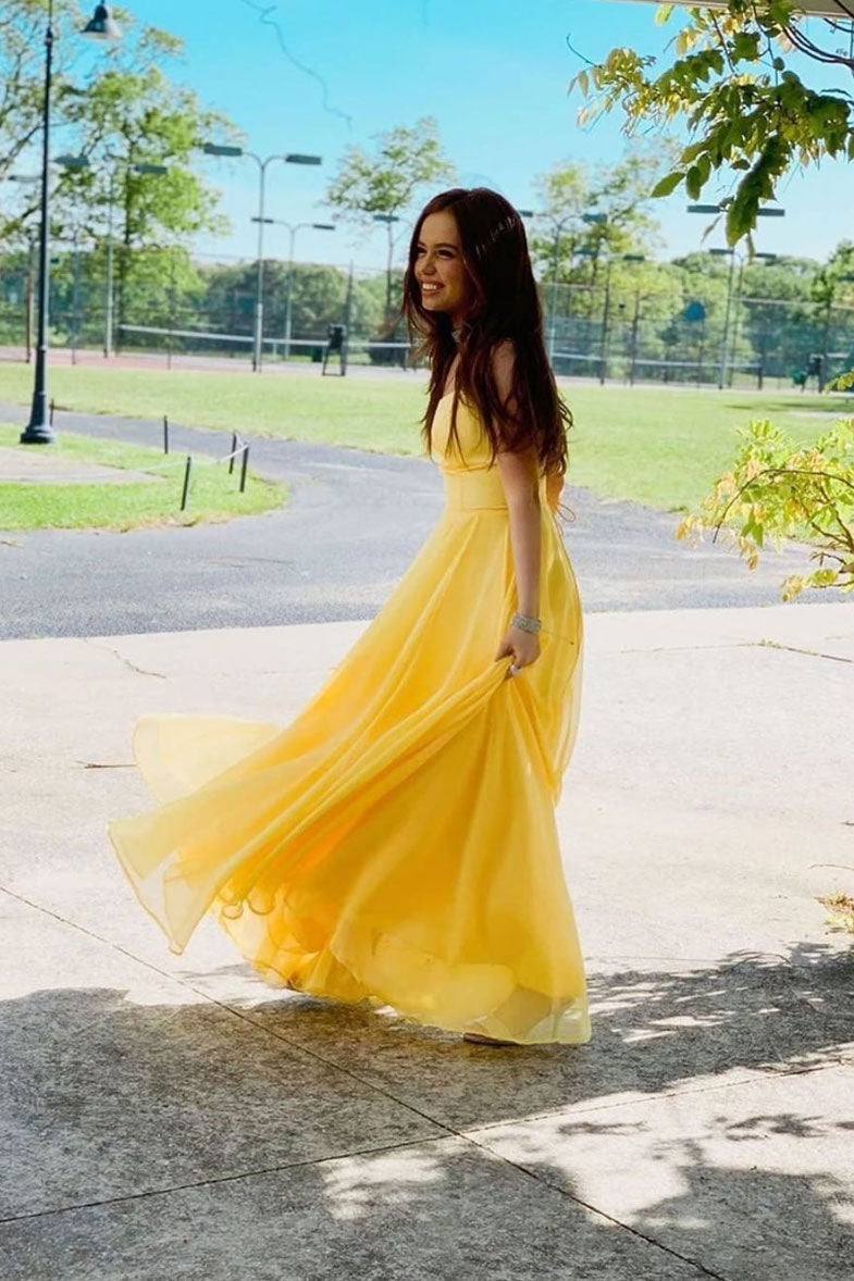 Simple yellow chiffon long prom dress, yellow formal dress - RongMoon
