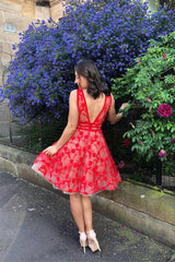 Red v neck tulle lace short prom dress, red homecoming dress - RongMoon
