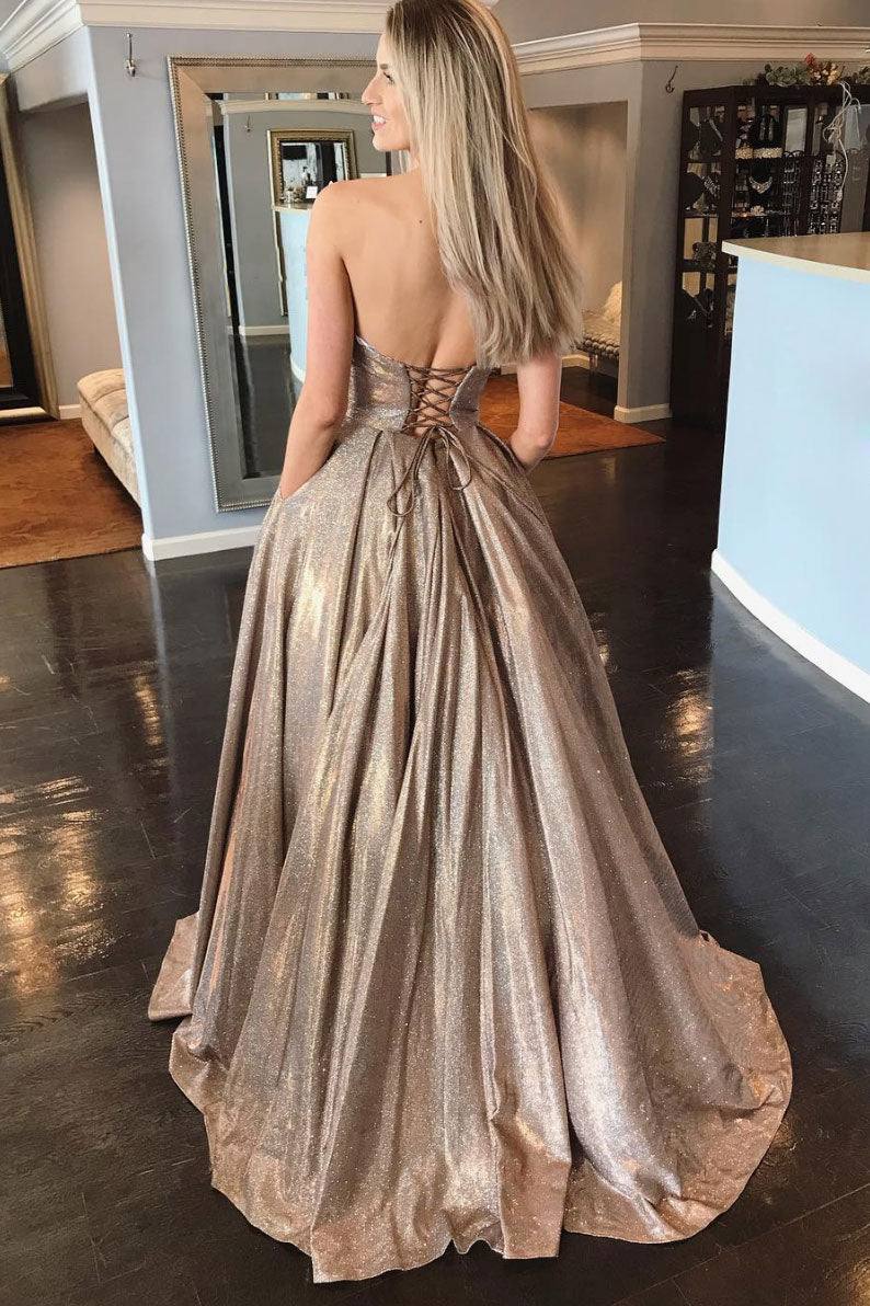 Champagne sequin long prom dress champagne evening dress - RongMoon