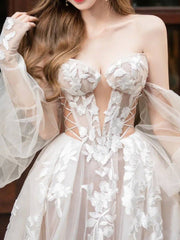 Light champagne tulle lace long prom dress, lace evening dress - RongMoon