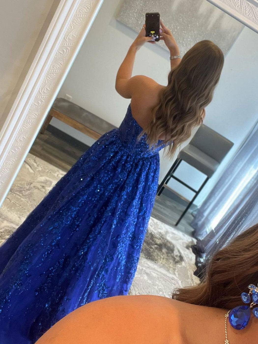 Blue A line tulle sequin long prom dress, blue tulle evening dress - RongMoon