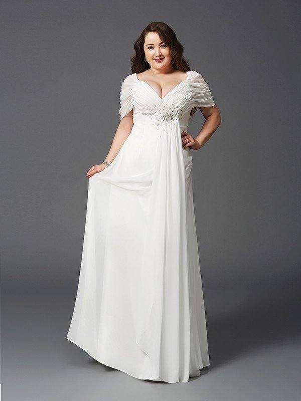 A-Line/Princess Off-the-Shoulder Ruched Short Sleeves Long Chiffon Plus Size Dresses - RongMoon