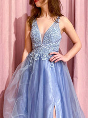 Blue v neck tulle lace long prom dress, blue tulle evening dress - RongMoon