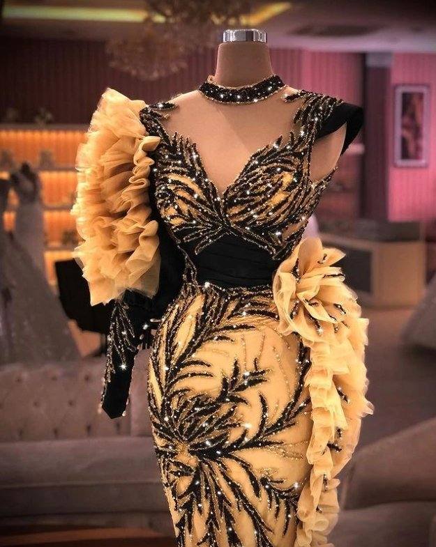 One Shoulder Ruffles Mermaid Prom Dresses Beaded High Neck Long Sleeve Evening Gowns Party Dress Special Occassion robe de soire - RongMoon