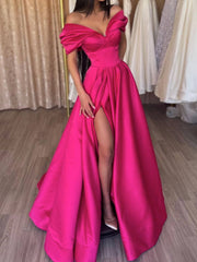 Simple off shoulder v neck satin long prom dress, red evening dress - RongMoon