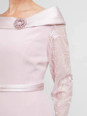 A-Line Mother of the Bride Dress Elegant Jewel Neck Tea Length Lace Satin Long Sleeve with Pleats Beading - RongMoon