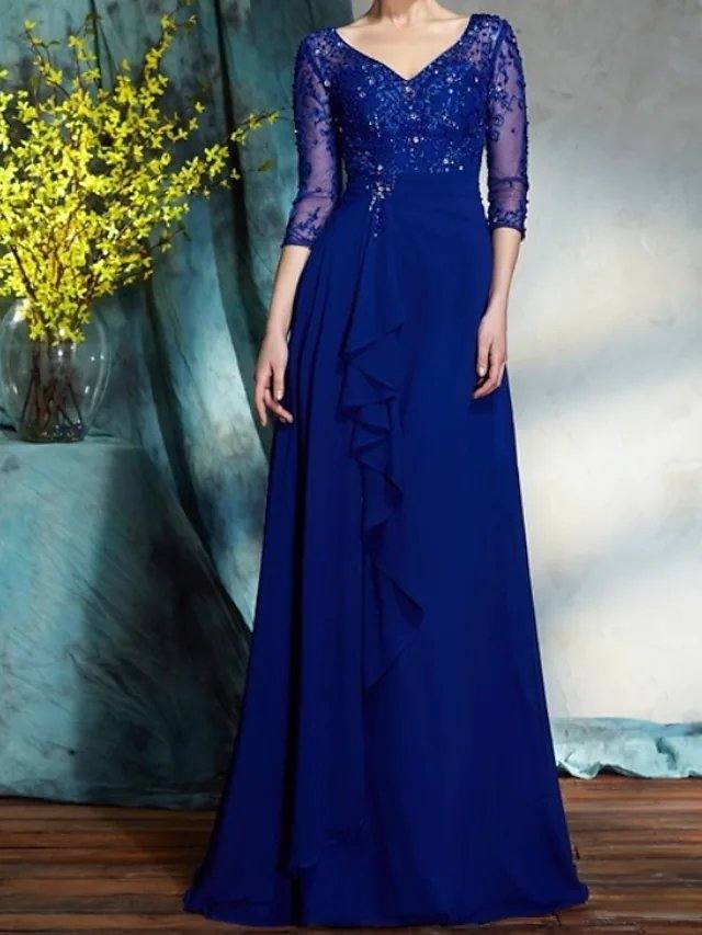 A-Line Mother of the Bride Dress Elegant V Neck Floor Length Chiffon Lace Half Sleeve with Pleats Sequin - RongMoon